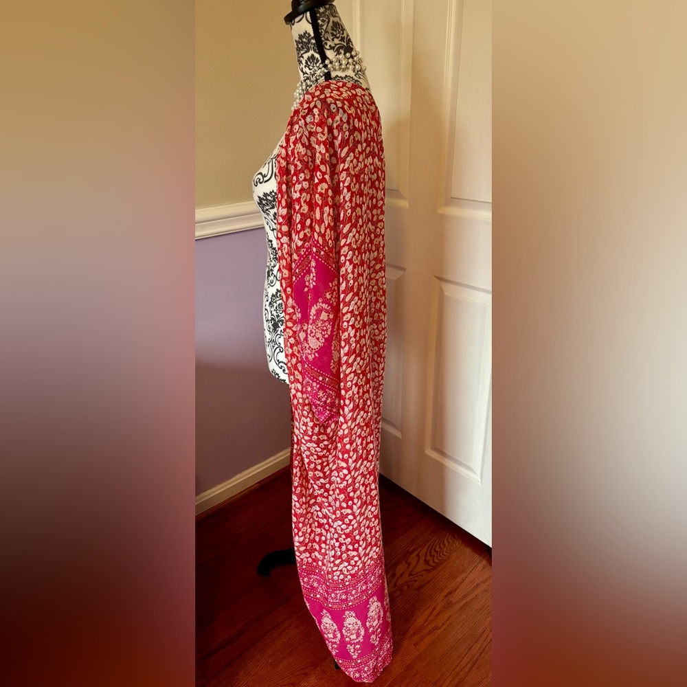 Boho PinkRed floral maxi long kimono beach coverup- L/XL - Picture 4 of 8